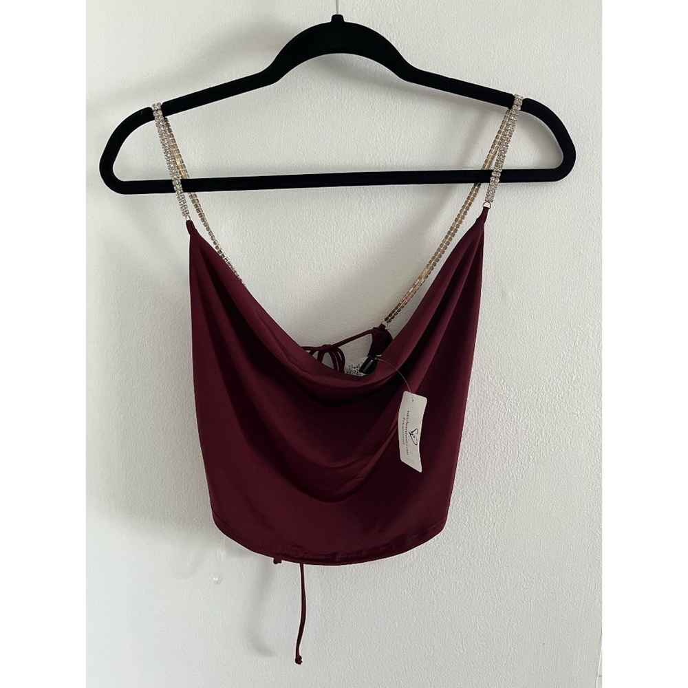 Cowl neck open back crop top with rhinestone straps